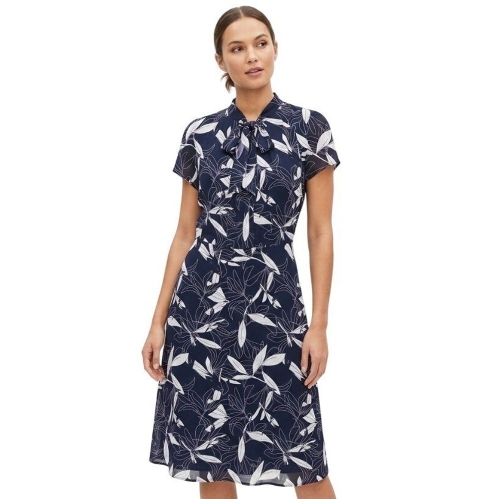 Banana Republic Women's 8 Navy Blue Floral Tie Neck Chiffon Midi Dress Casual